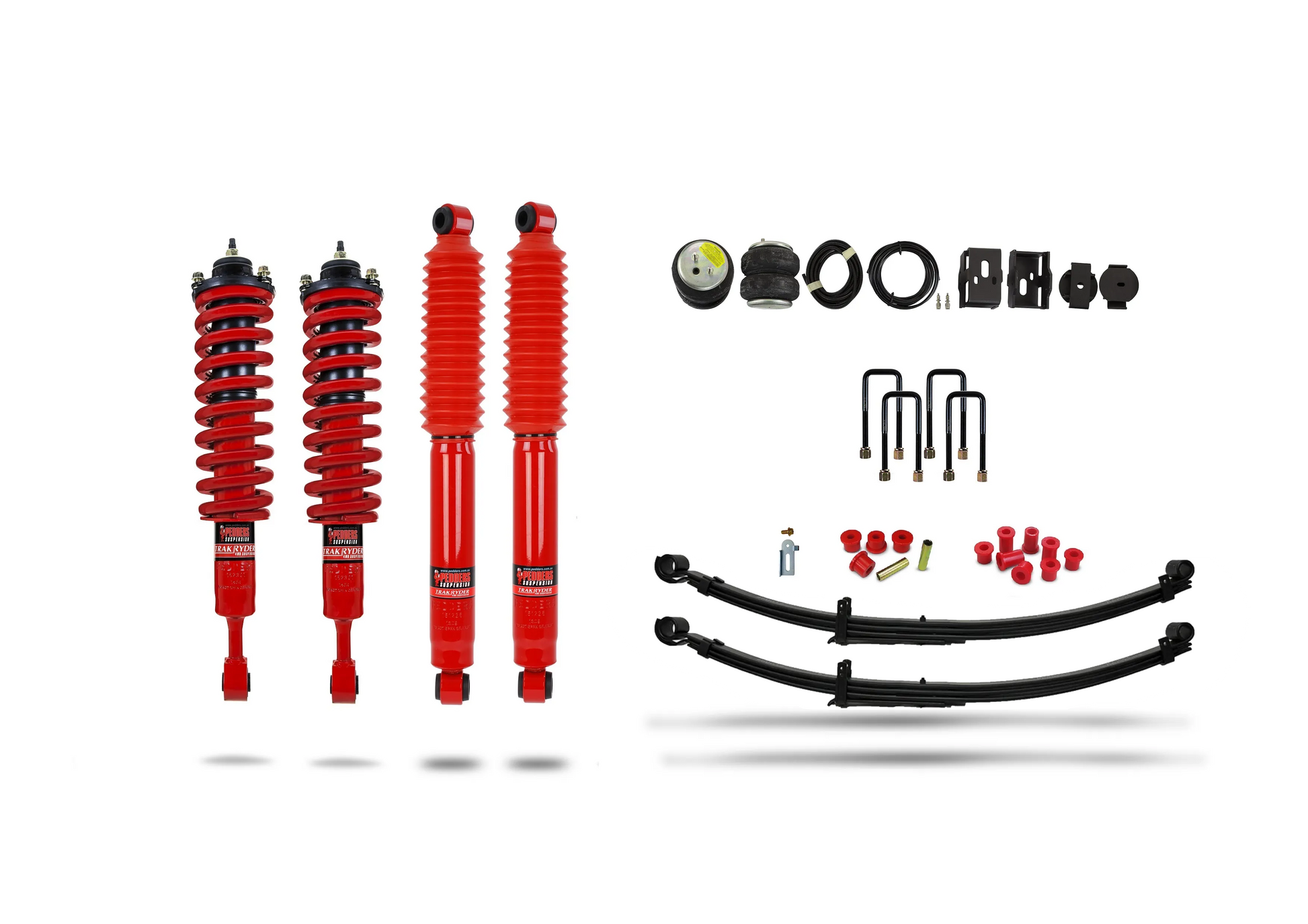 Pedders Heavy Duty Load Carrying and Towing Suspension Kit. With Addtional Air Bags. With Foam Cell Shocks & Assembled Front Struts. Toyota Hilux MK8 & MK9 - Parabolic Leaf Springs - 803240P
