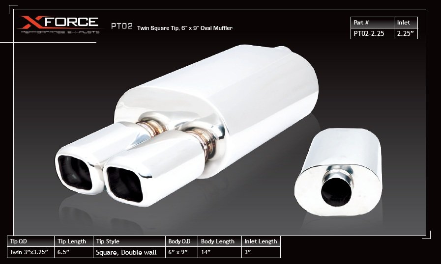2.25″ Inlet Twin Square Tip, 6″ x 9″ Oval Muffler - PT02-2.25