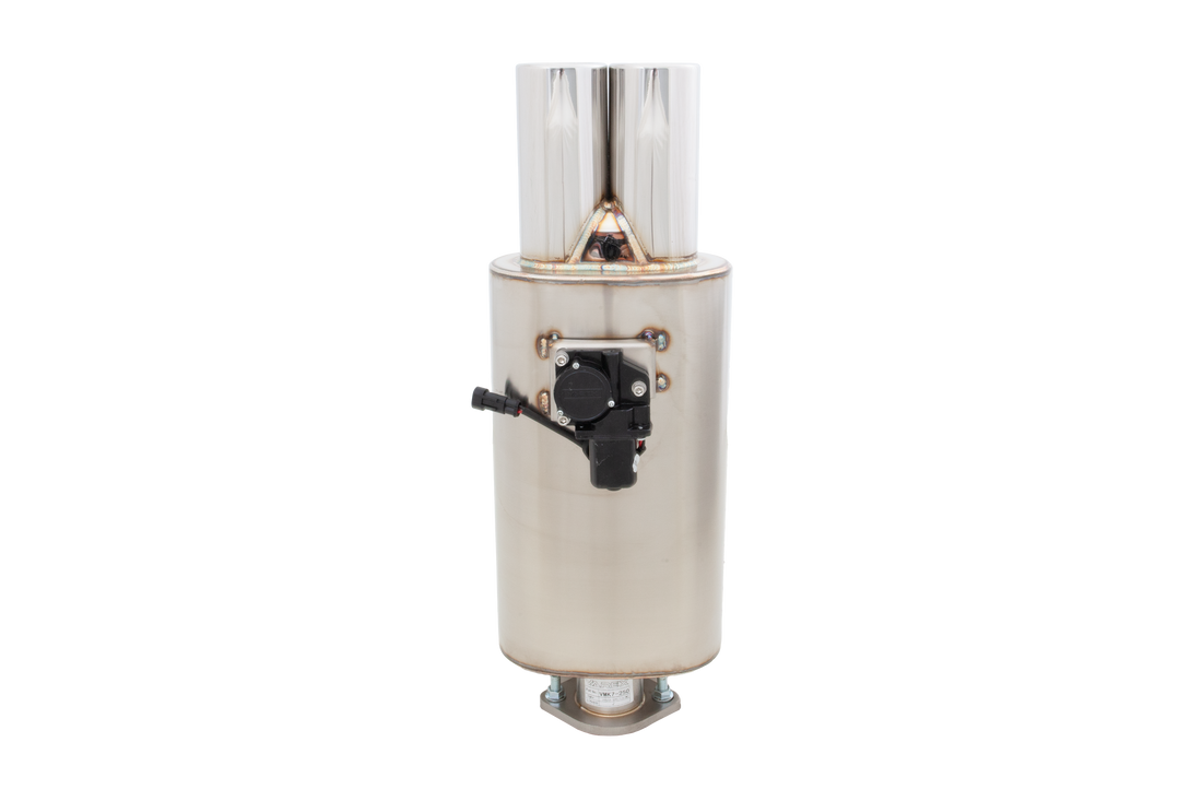 Oval Body 5.5" x 9.5" x 15" (13,97cm x 24,13cm x 38,1cm) Center in/Twin Out 2.5" Flanged Inlet, 3" Twin Double-Wall Tip - VMK7-250